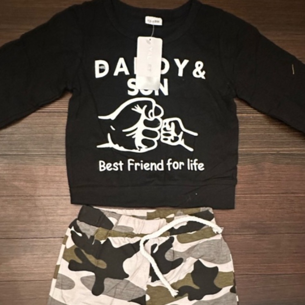 Daddy & Son Black Sweatshirt with Camouflage Joggers Set, 12-18 Months NWT